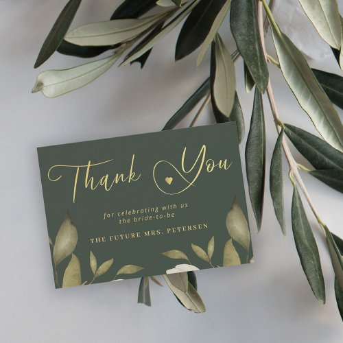 Elegant bridal shower green gold script thank you note card
