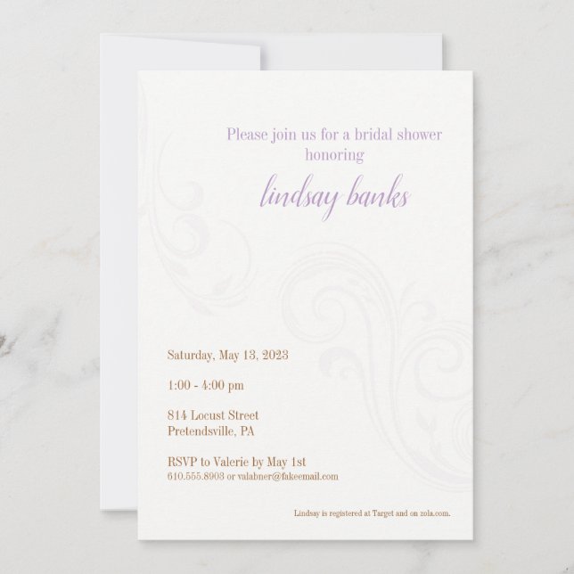Elegant Bridal Shower Invitation, Lavender Invitation (Front)