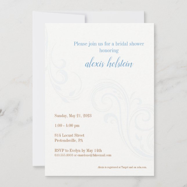 Elegant Bridal Shower Invite, Blue Invitation (Front)