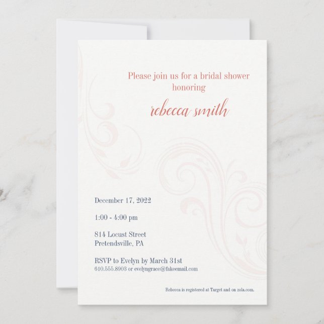Elegant Bridal Shower Invite, Coral Invitation (Front)