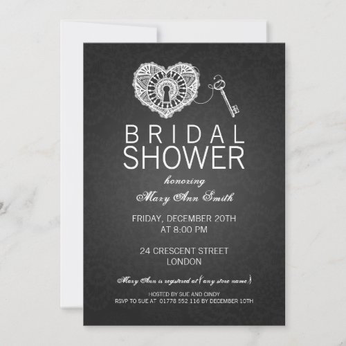 Elegant Bridal Shower Key To My Heart Black Invitation