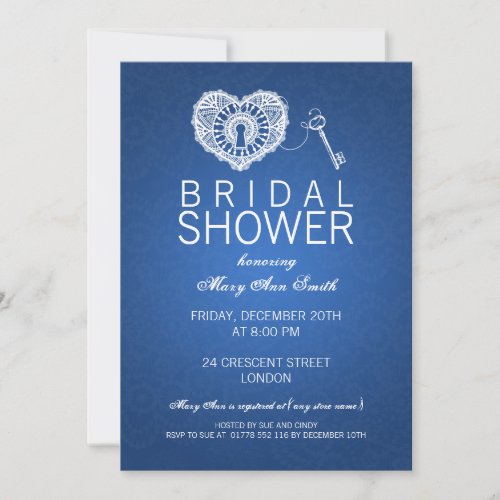 Elegant Bridal Shower Key To My Heart Blue Invitation