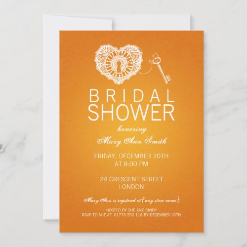 Elegant Bridal Shower Key To My Heart Orange Invitation