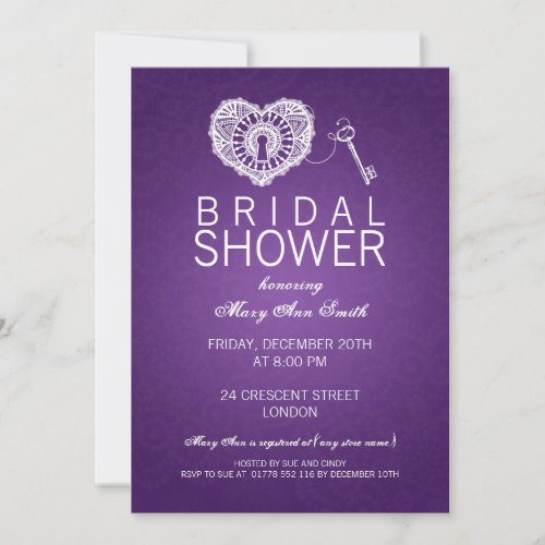 Elegant Bridal Shower Key To My Heart Purple Invitation