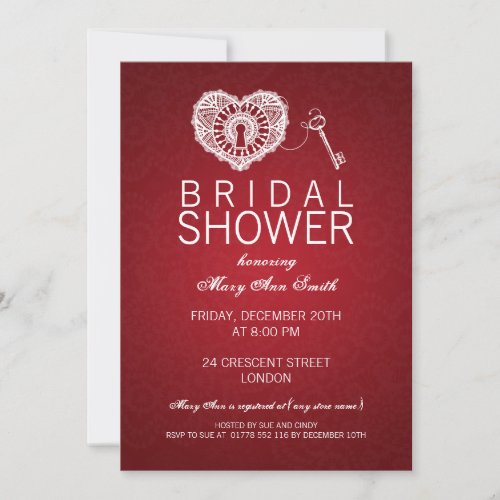 Elegant Bridal Shower Key To My Heart Red Invitation