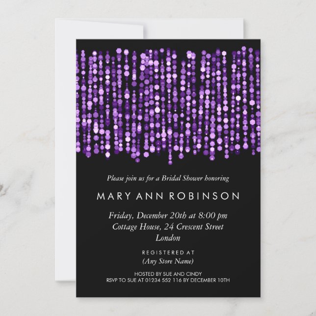Elegant Bridal Shower Modern Purple Lights Invitation (Front)