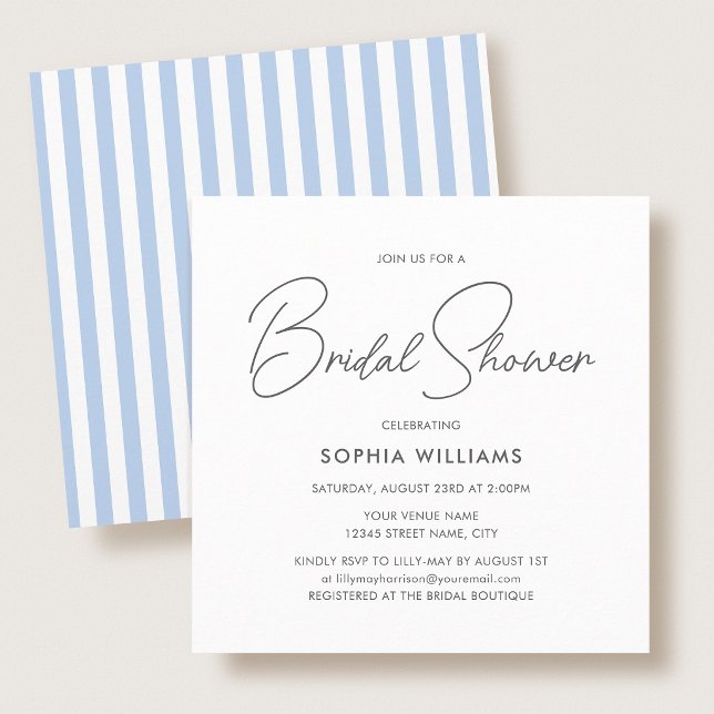Elegant Bridal Shower Modern Script Blue Stripes Invitation (Creator Uploaded)