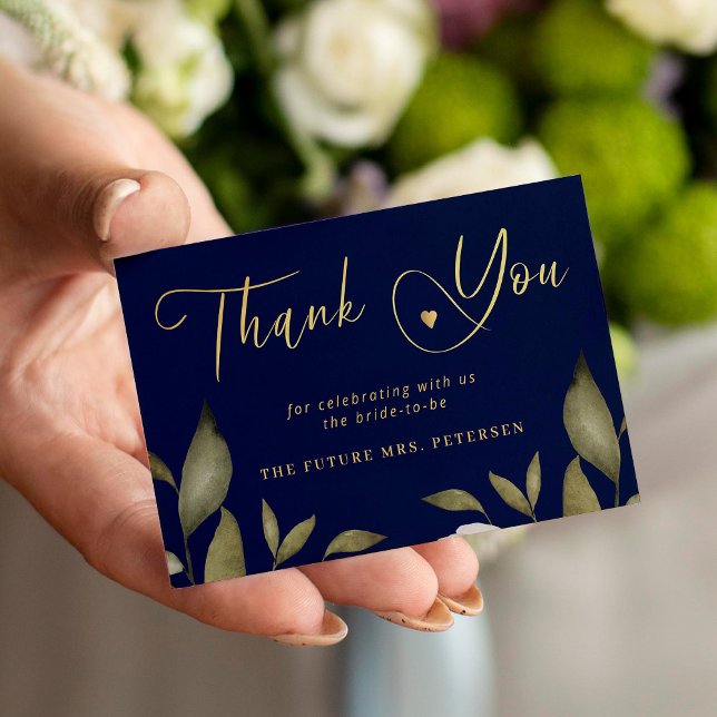 Elegant bridal shower navy gold script thank you note card (Bigger sizes available)