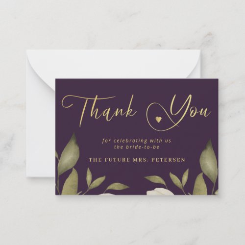 Elegant bridal shower purple gold script thank you note card