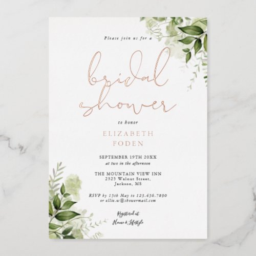Elegant Bridal Shower Rustic Greenery Monogram Foil Invitation