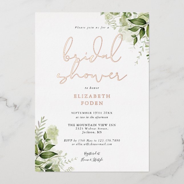 Elegant Bridal Shower Rustic Greenery Monogram Foil Invitation (Front)