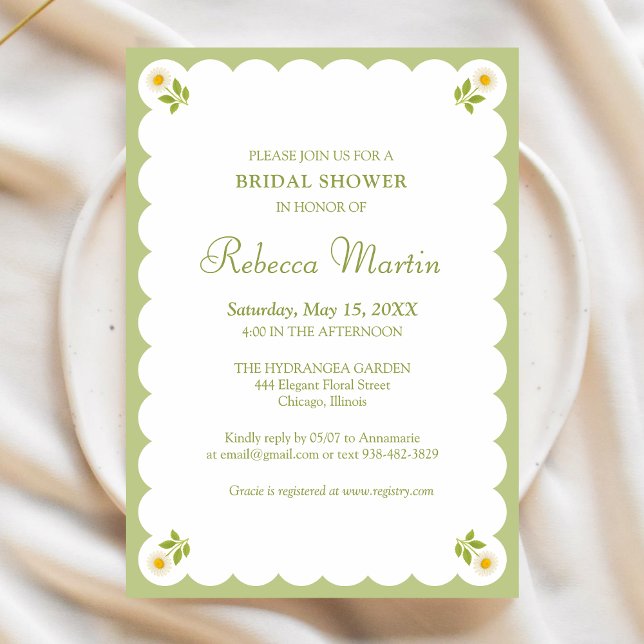 Elegant Bridal Shower Sage Green Daisy Simple Chic Invitation (Creator Uploaded)