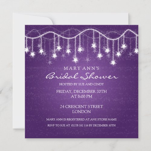 Elegant Bridal Shower Shimmering Stars Purple Announcements