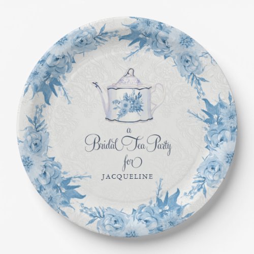 Elegant Bridal Shower Tea Party Dusty Blue Floral Paper Plates