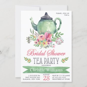 Elegant Bridal Shower Tea Party Floral Watercolor Invitation by girlygirlgraphics at Zazzle