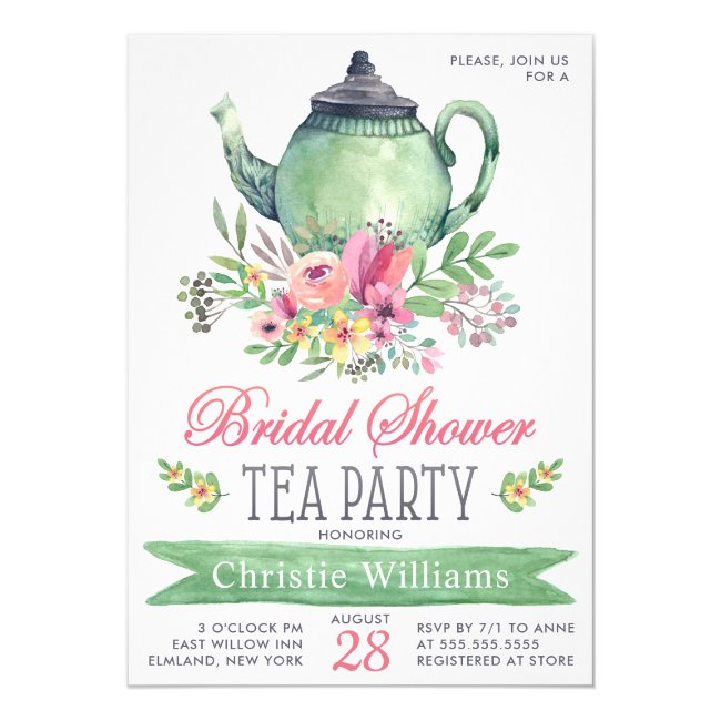 Elegant Bridal Shower Tea Party Floral Watercolor Invitation