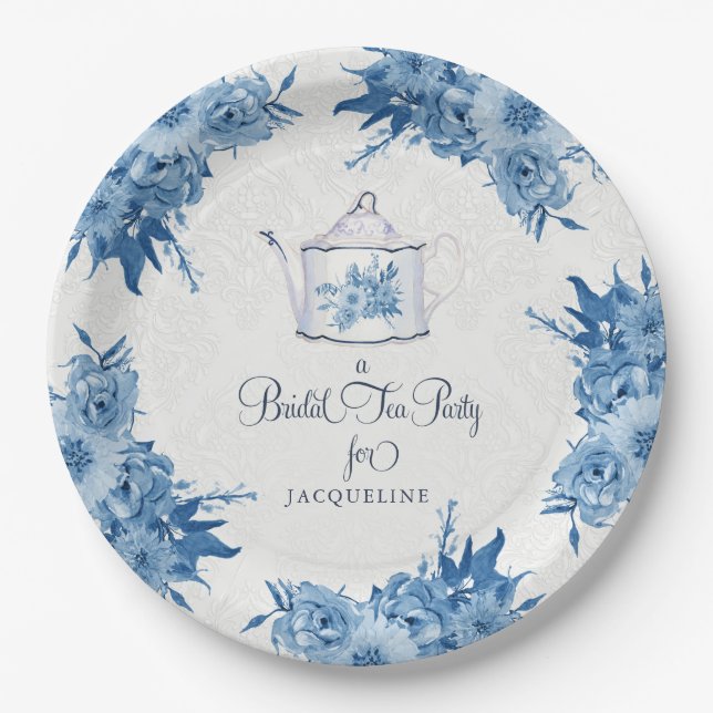Elegant Bridal Shower Tea Party Navy Blue Flowers Paper Plates (Front)
