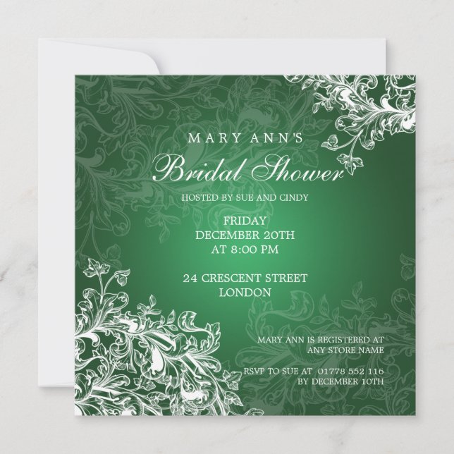 Elegant Bridal Shower Vintage Swirls Green Invitation (Front)