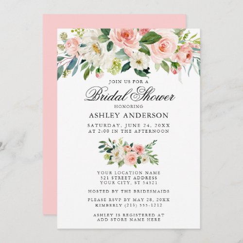Elegant Bridal Shower Watercolor Pink Floral Invitation