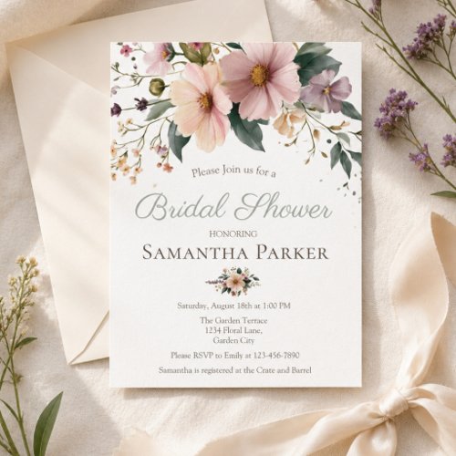 Elegant Bridal Shower Wildflower Blush Purple Invitation