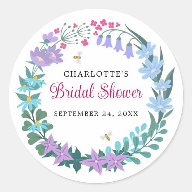 Elegant Bridal Shower Wildflowers Floral Garland Classic Round Sticker (Front)
