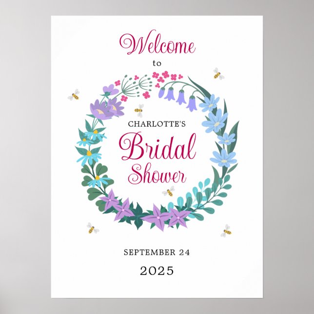 Elegant Bridal Shower  Wildflowers Garland Welcome Poster (Front)