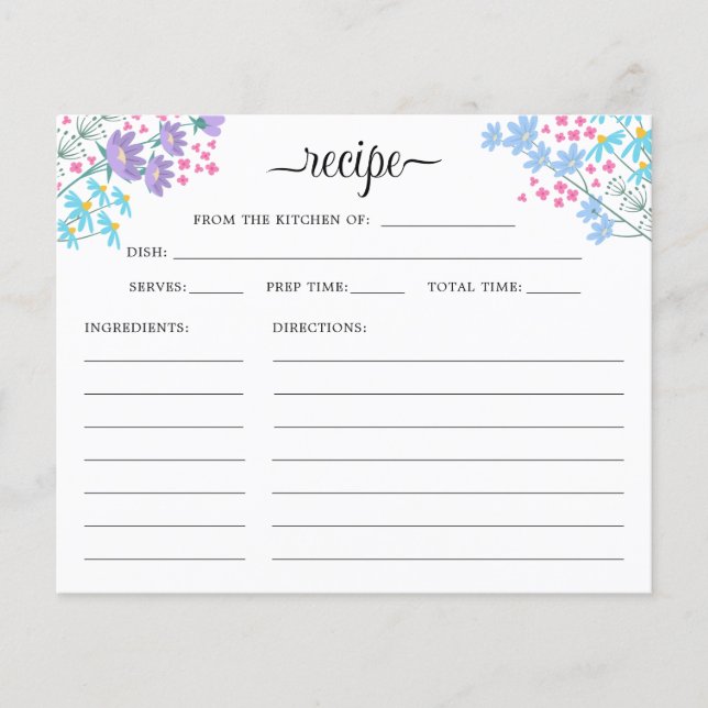 Elegant Bridal Shower Wildflowers Recipe Card (Front)