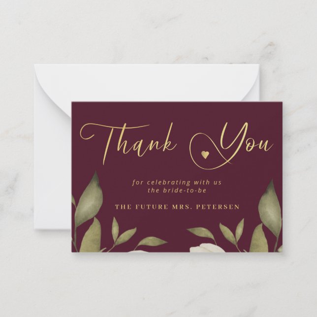 Elegant bridal shower wine gold script thank you note card (Front)