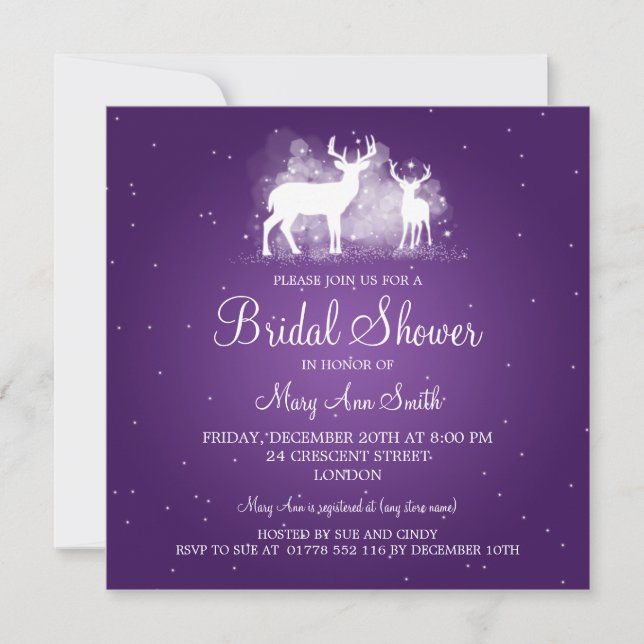 Elegant Bridal Shower Winter Deer Sparkle Purple Invitation (Front)