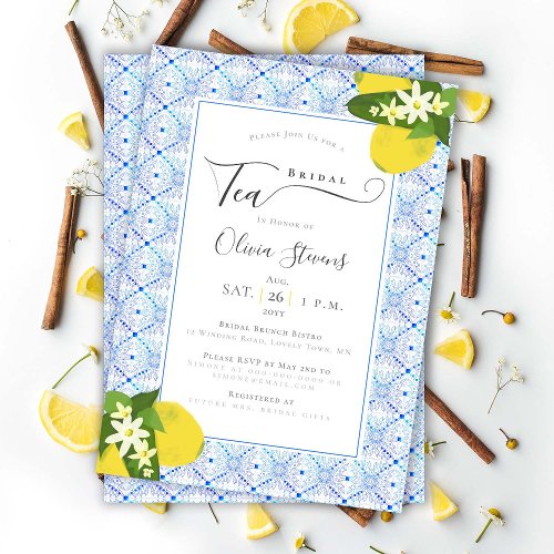 Elegant Bridal Tea Lemons Portuguese Tiles Shower Invitation