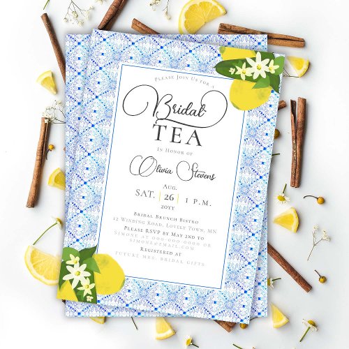 Elegant Bridal Tea Party Lemons Blue Tiles Shower Invitation