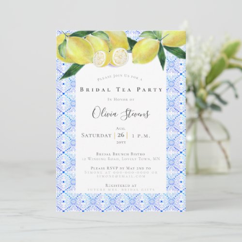 Elegant Bridal Tea Party Yellow Lemons Shower Invitation