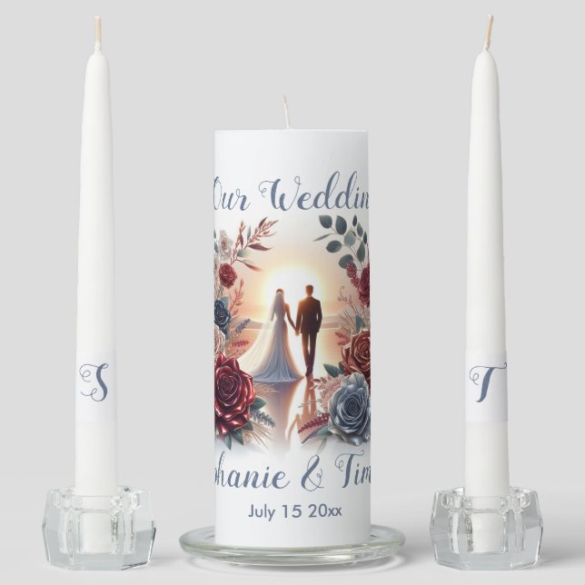 Elegant Bride and Groom at Sunset Wedding Unity Candle Set (Front)