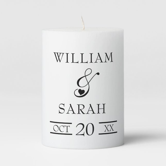 Elegant Bride and Groom Black and White Script Pillar Candle (Front)