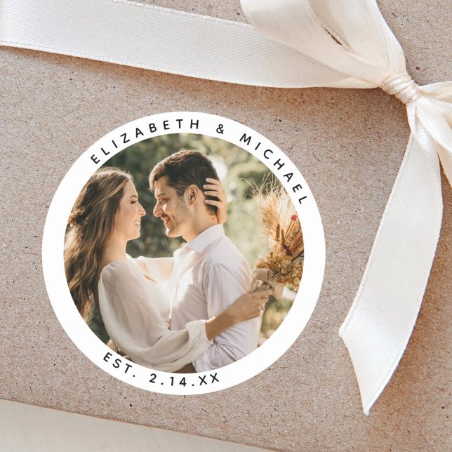 Elegant Bride and Groom Couple Photo Wedding Favor Classic Round Sticker (Creator Uploaded)