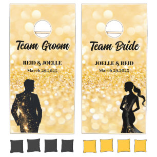 Elegant Bride and Groom Gold Glitter Wedding Cornhole Set