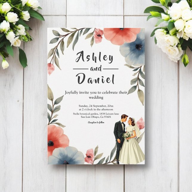 Elegant Bride And Groom Watercolor Floral Wedding Invitation (Creator Uploaded)