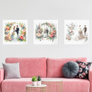 Elegant Bride and Groom Watercolor  Wall Art Sets