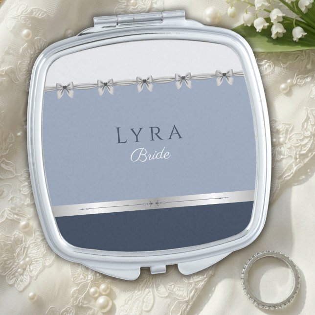 Elegant Bride Bridal Party Gift | Something Blue Compact Mirror (Elegant Bride Bridal Party Gift. Modern slate blue and silver mirror with coquette bow detail.)