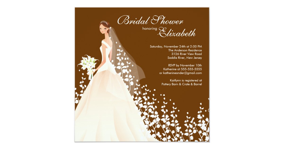 Elegant Bride Bridal Shower Invitation Brown White