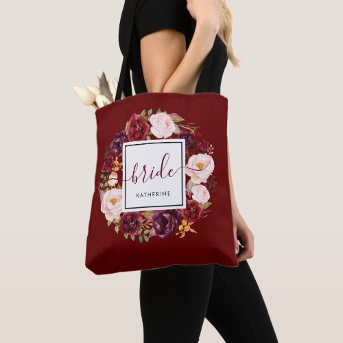 Elegant Bride Burgundy Marsala Flowers Wedding Tote Bag