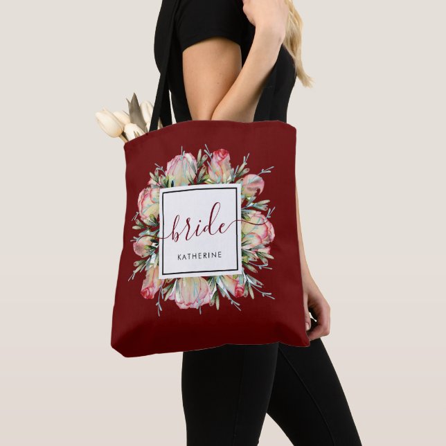 Elegant Bride Burgundy Marsala Wedding Tote Bag (Close Up)
