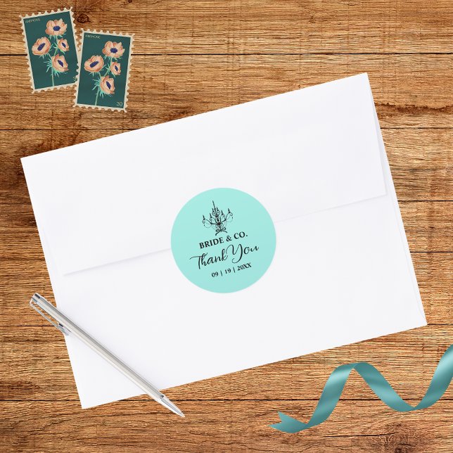 Elegant Bride & Co. Bridal Shower Teal Classic Round Sticker (Creator Uploaded)