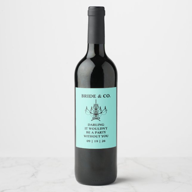 Elegant Bride & Co. Bridal Shower Teal Wine Label (Front)