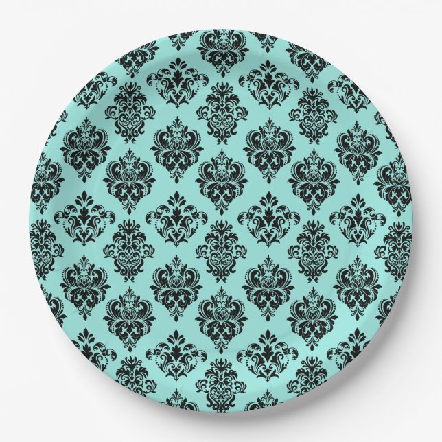 Elegant Bride & Co. Damask Bridal Shower Teal Paper Plates (Front)