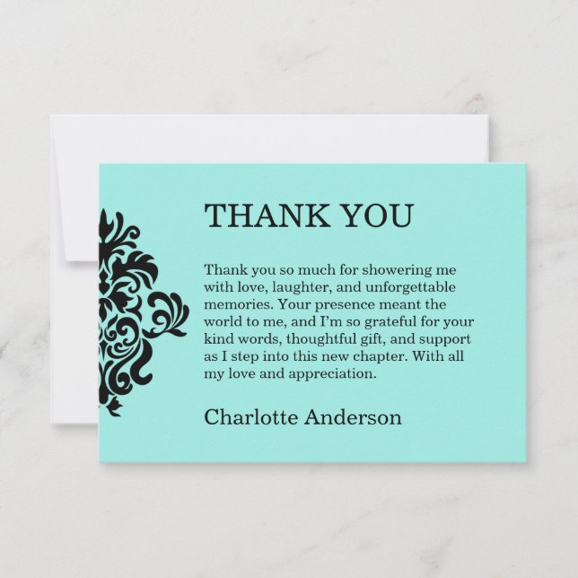 Elegant Bride & Co. Damask Bridal Shower Teal Thank You Card (Front)
