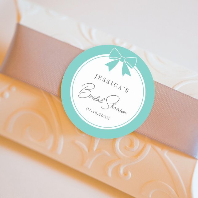 Elegant Bride & Co. Teal Blue Bow Bridal Shower Classic Round Sticker (Creator Uploaded)