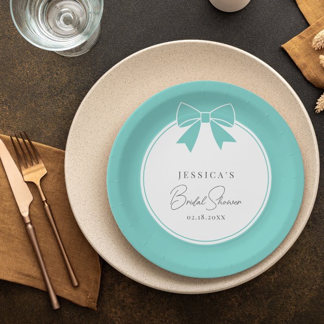 Elegant Bride & Co. Teal Blue Bow Bridal Shower Paper Plates (Creator Uploaded)