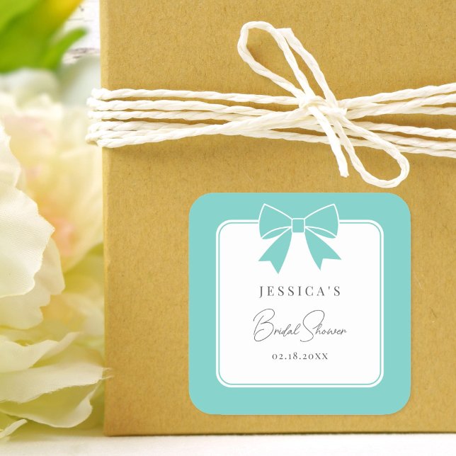 Elegant Bride & Co. Teal Blue Bow Bridal Shower Square Sticker (Creator Uploaded)