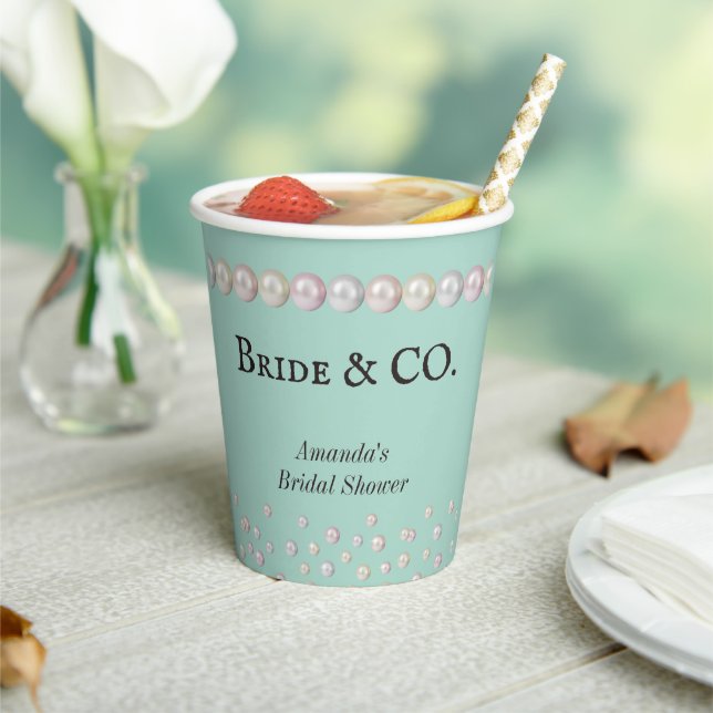 Elegant Bride & Co Teal Blue Pearl Bridal Shower Paper Cups (Insitu)